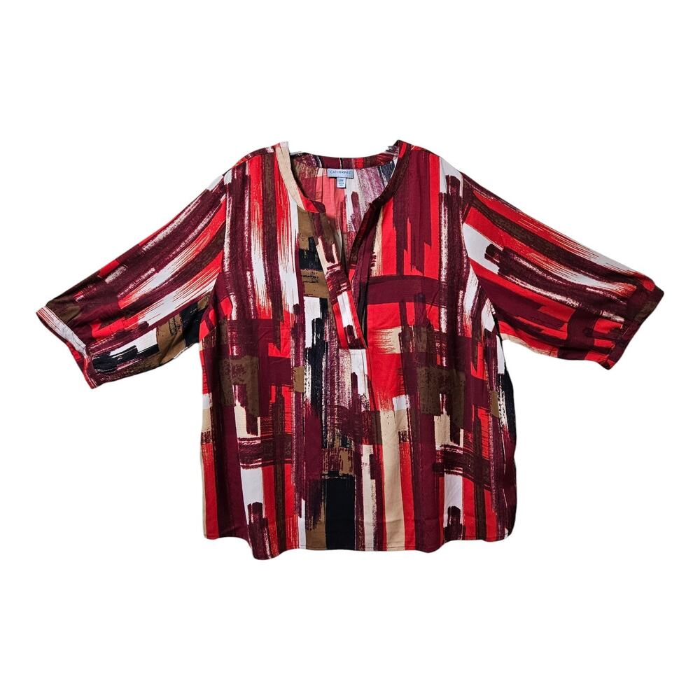 CATHERINES Women Petite Plus 2X 2XP Tunic Blouse Geometric V-Neck 3/4 Sleeve 52"